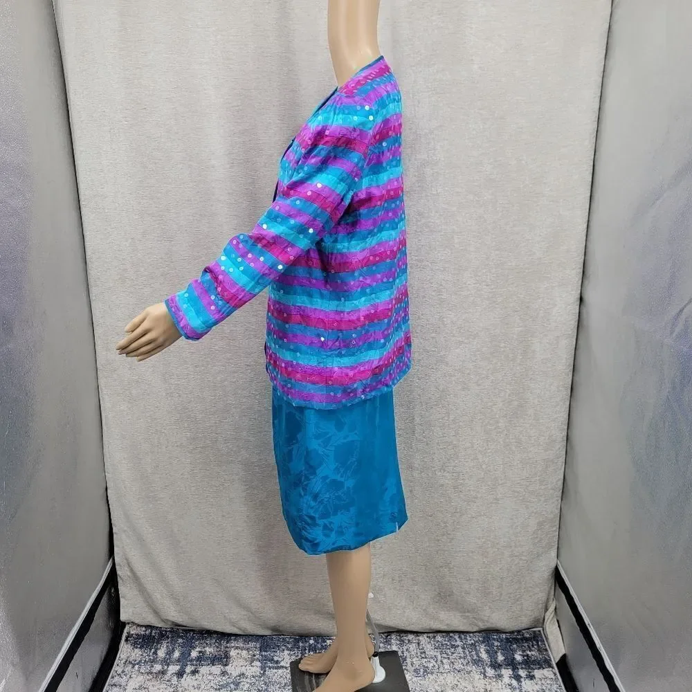 Anne Crimmins Vintage Matching Silk Skirt Set Blue Purple Fuschia Sequin Blazer